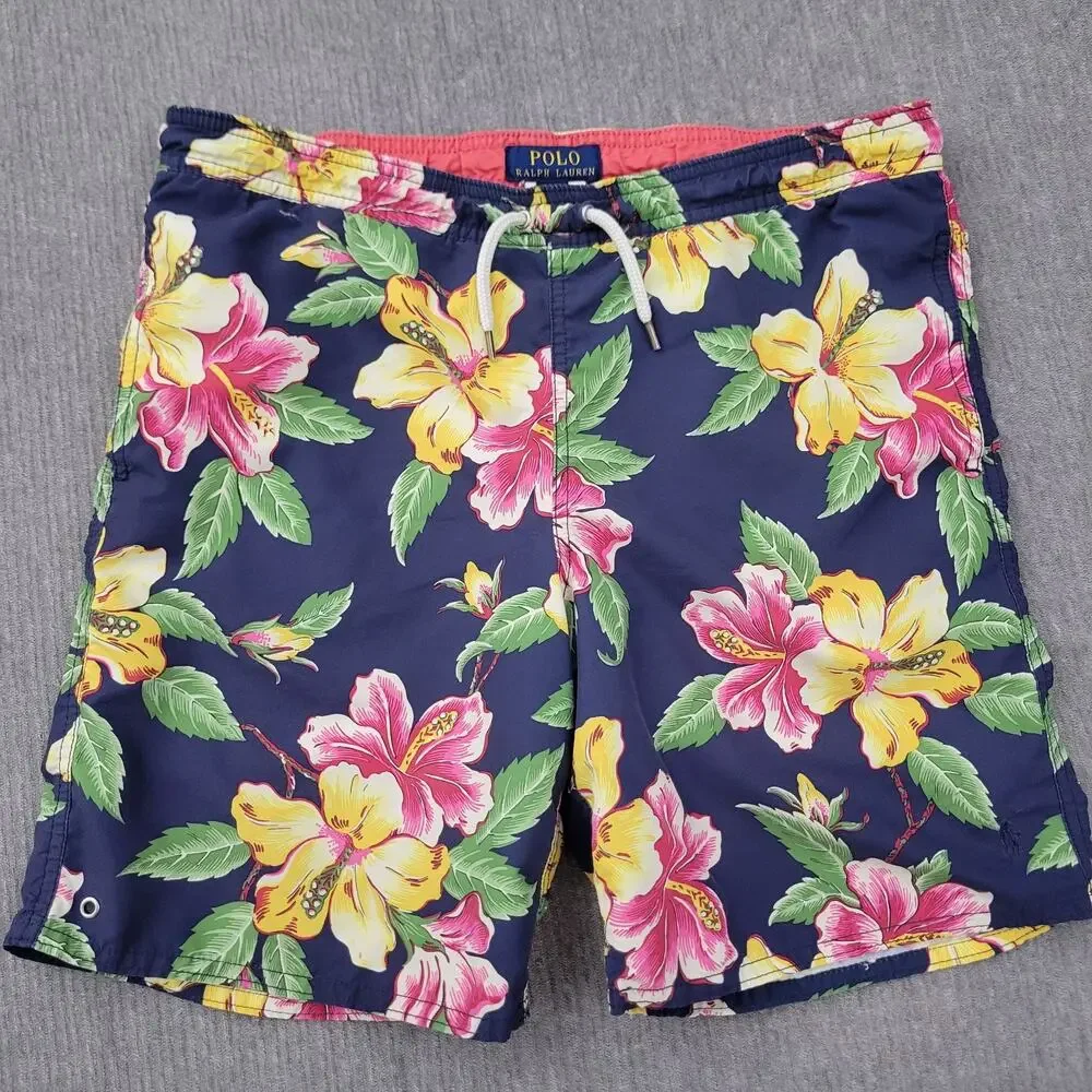 Vintage 90s Polo Ralph Lauren Youth Hibiscus Board Swim Trunks Shorts Size 14-16